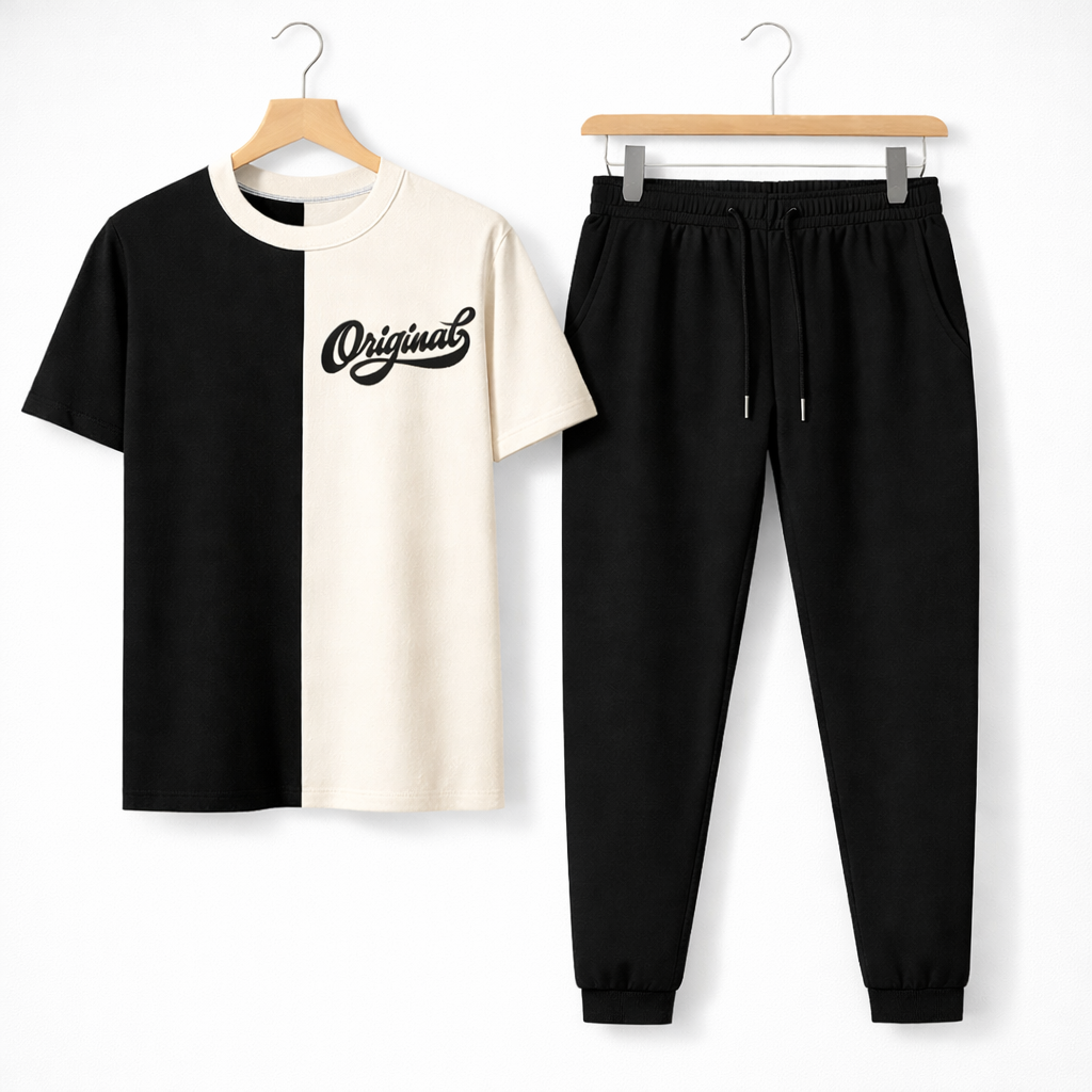 Men's Black White Printed Jersey Tracsuit For Men