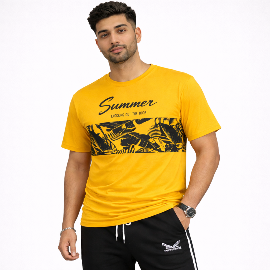 Yellow Printed Summer Tracksuit For Men